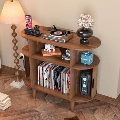 Large Round Record Player Stand with Charging Station & USB Ports