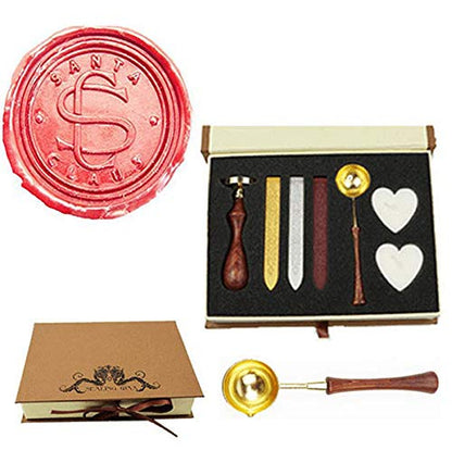 Vintage Santa Claus Monogram Wedding Wax Seal Stamp Melting Spoon Wax Stick Candle Christmas Gift Box kit Invitation Christmas Gift Wrap Custom Logo Text Design Sealing Wax Seal Stamp Set