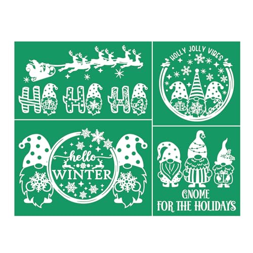 Hello Winter Stencils Self Adhesive Silk Screen Stencil Reusable Christmas Stencil Porch Sign Holiday Gnome Silk Screen Transfers for Painting Wood