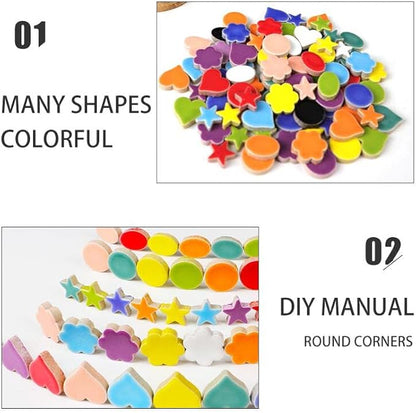 500g/1.1lb Random Color Irregular Ceramics Mosaic Tiles,DIY Making Creative Ceramic Mosaic Tiles for DIY Craft Plates Flowerpots Vases Cups Mosaic Making Supplies (Flowers+Round+Heart+Pentagram+Oval)