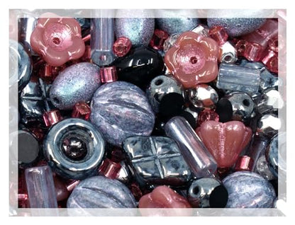 2.1oz (60 g) Mix of Unique Czech Bohemia Glass Pressed Beads, Matte and Glossy, Hand Made, Pink Gray Black Hematite (2.1164 Ounce)