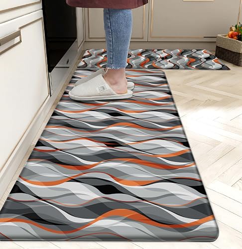 Kitchen Mats for Floor Modern Abstract kitchen rugs Grey and Orange Stripe Anti Fatigue Kitchen Mats Waterproof Floor Mats Cushioned Non (1295.5 sq inches)