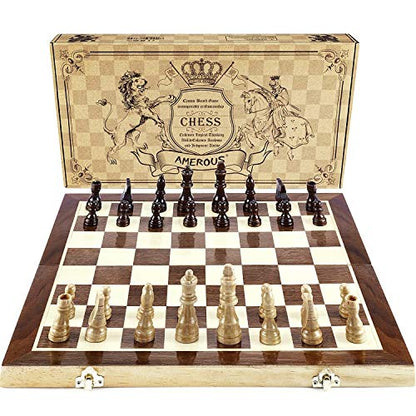 Chess Set 15"x15" Folding Magnetic Wooden Standard Chess Game Board Set with Wooden Crafted Pieces and Chessmen Storage Slots