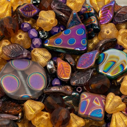 1.4oz (40g) Limited Mix of Czech Glass Beads, Hand Made Set Kit, Purple Fantasy Golden Bell Flowers