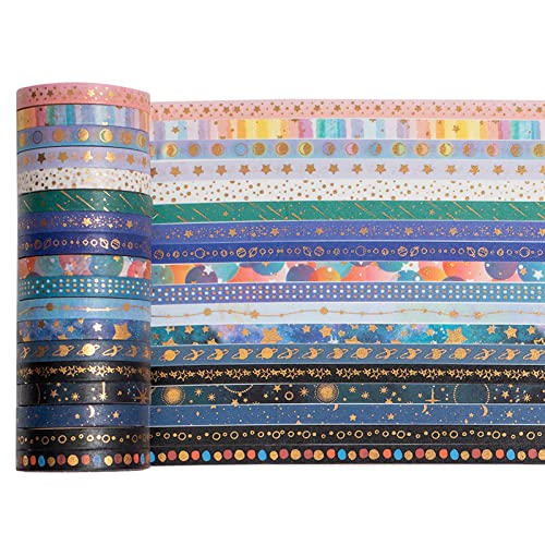 Skinny Galaxy Washi Tape Set 30 Rolls Gold Foil Decorative Starry Space Masking Tapes for Arts (295 Foot)