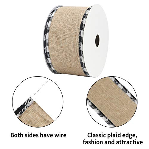 Burlap Christmas Ribbon Wired 2.5 Inch Plaid with Black and White Checkered Edging 10 Yards for Christmas Tree and Wreath Making (30 Foot)