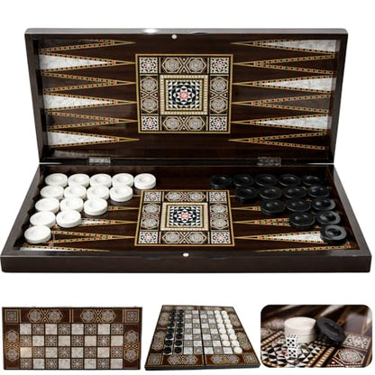 Park&Oz Pearl Premium Turkish Backgammon and Checkers Set 19 Inch Handmade 2 in 1 Wooden Board Game with Glossy Finish Luxury Checkers and Dice Travel Friendly and Foldable