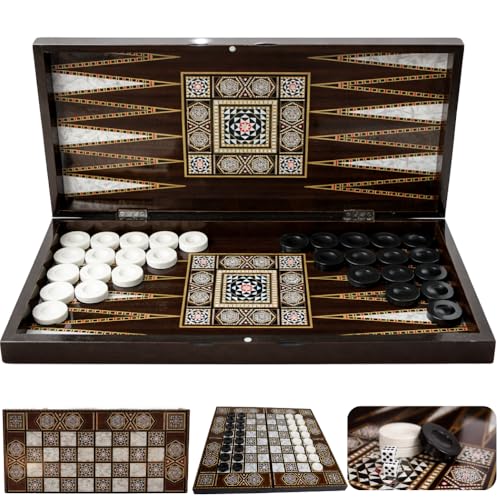 Park&Oz Pearl Premium Turkish Backgammon and Checkers Set 19 Inch Handmade 2 in 1 Wooden Board Game with Glossy Finish Luxury Checkers and Dice Travel Friendly and Foldable