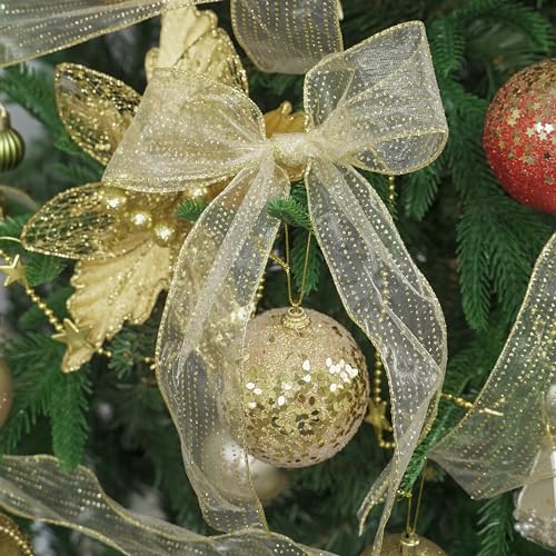 Glitter Gold Wired Ribbon 2.5 Inch Horizontal Stripes Glitter Polka Dot Christmas Ribbon Organza Sheer Ribbons 25 Yards Gold Glitter Ribbons for Christmas Tree (75 Foot)