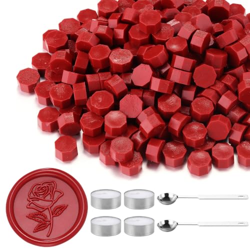 360Pcs Dark Red Sealing Wax Beads with 2 Spoons and 4 Tea Candles for Wax Seal Stamps (360 Count)
