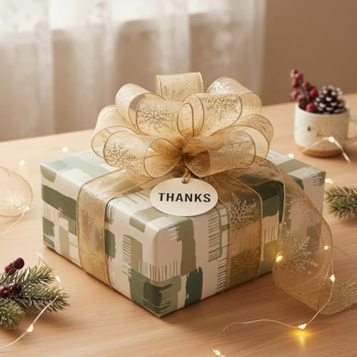 Organza with Champagne Gold Glitter Snowflakes Wired Ribbon 2.5 inch x 50 Yards for Christmas Home Decor Tree Topper Bow Gift Wrapping DIY Crafts Wreath Garland Wedding (150 Foot)
