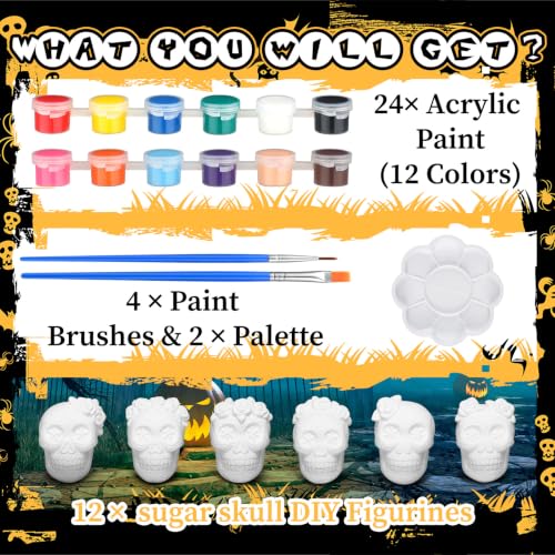 12 Sets Flower Skull Ceramic Figures Unpainted DIY Halloween Kit