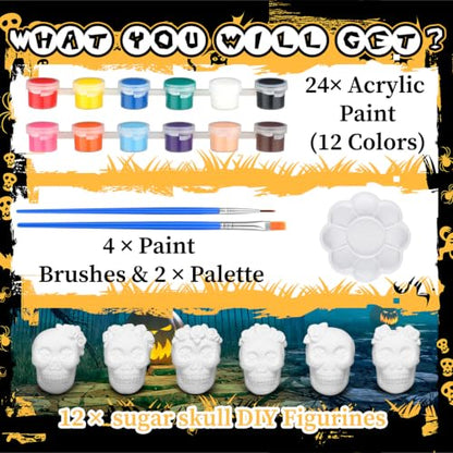 12 Sets Flower Skull Ceramic Figures Unpainted DIY Halloween Kit