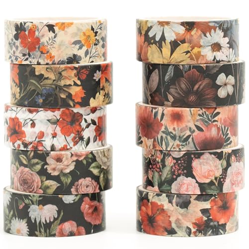 10 Rolls Blooming Flowers Washi Tape Set Floral Arts Adhesive Tapes Colorful Garden Decorative Masking Tape Sets for Craft (10 Count)