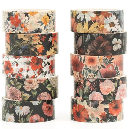 10 Rolls Blooming Flowers Washi Tape Set Floral Arts Adhesive Tapes Colorful Garden Decorative Masking Tape Sets for Craft (10 Count)