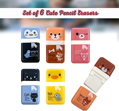 6 Pack Animal Theme Pencil Erasers with Cleanup Roller & Shaving Case (6 Count)