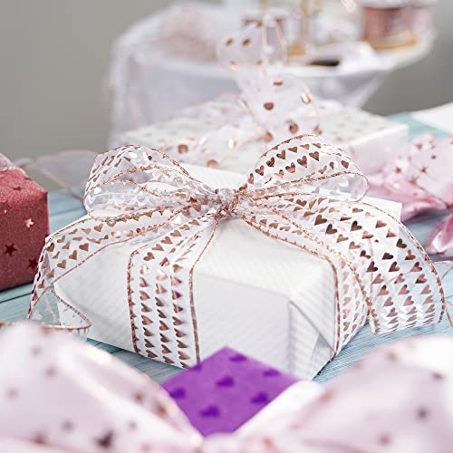 2.5 Inch Rose Gold Heart Wired Ribbon 25 Yards Pink Sheer Ribbons with Hearts Roll Pink Organza Wedding Ribbons Heart Ribbon for Crafts (75 Foot)