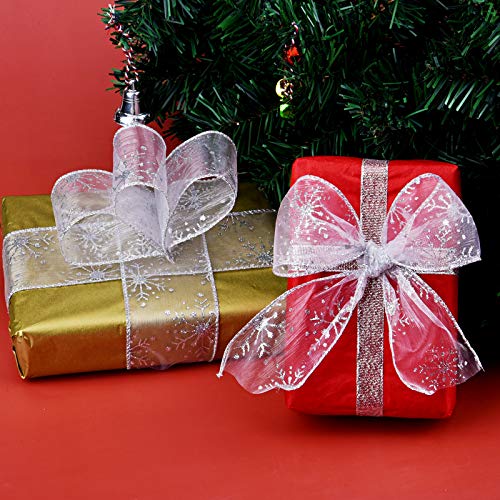 2.5 Inch Wide Christmas Wired Ribbon Snowflake Organza Sheer Glitter Ribbon for Xmas Tree (32.7 Foot)