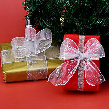 2.5 Inch Wide Christmas Wired Ribbon Snowflake Organza Sheer Glitter Ribbon for Xmas Tree (32.7 Foot)