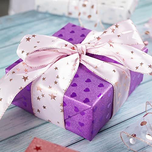 Pink Star Wired Ribbon 2.5 Inch Rose Gold Star Ribbon Wired 25 Yards Roll Pink Wedding Ribbons Stars Christmas Ribbons for Crafts (75 Foot)