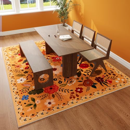 Living Room Rug 6x9 Rug Machine Washable Boho Area Rug Non Slip Floral Vintage Low Pile Large Rug for Living Room