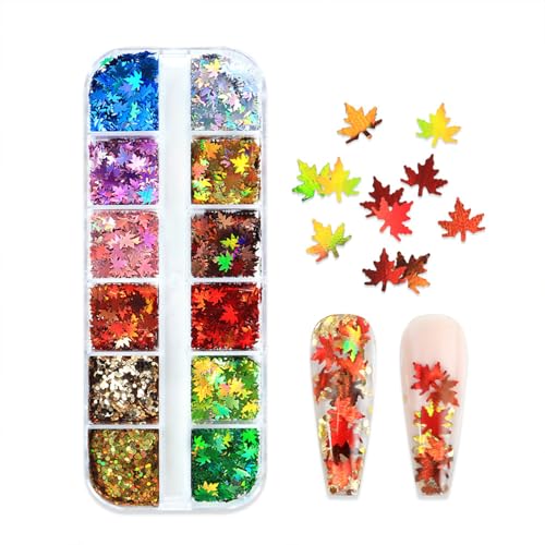 Thanksgiving Glitters Nails Sequins Fall Nail Glitter Sequins Autumn Maple Leaf Flakes Design Nails Charms Holographic Mixed Color 3D Confetti Maple Leaves Nails Glitter for Women (2 Ounce)