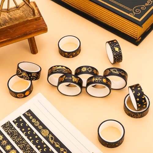 12 Rolls Gold Foil Galaxy Washi Tape Black Gold Sun Moon Star Masking Tape Set Decorative Wrapping Paper Tapes for Scrapbook Journal DIY Art Crafts (12 Count)