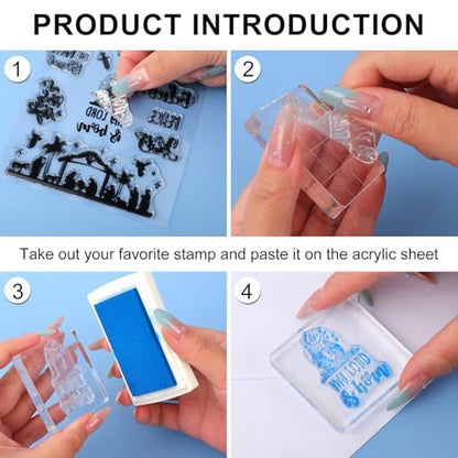 4 Sheets Christmas Clear Stamps Greeting Words Nativity Scene Silicone Transparent Stamps Holy Night Stamp for Xmas DIY Craft Card Making Scrapbooking Embossing Album Decor (4 Count)