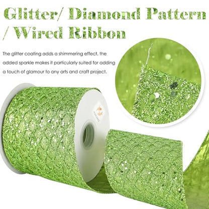 Lime Green Glitter Christams Wired Ribbon 4 inch x 10 Yards (30 Foot)
