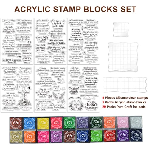 6Pcs Christian Bible Verse Clear Stamps for Card Making Easter Blessing 20 Craft Ink Pad 3 Acrylic Stamp Block Silicone Stamp with Greeting Words Rubber Stamps for Crafting DIY Scrapbooking (29 Count)