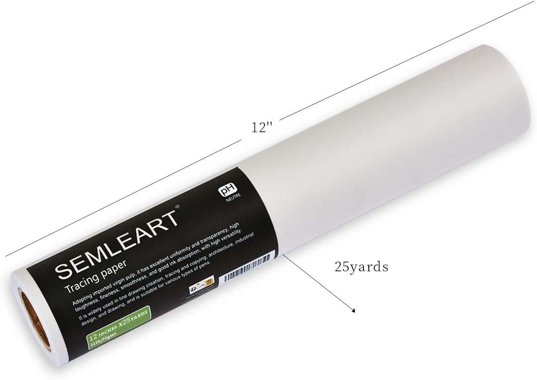 SEMLEART Artit's Tracing Paper roll,32lb/50gsm,12 inch x 25 Yard,Translucent Tracing Paper for Pencil, Marker and Ink - Trace Images, Sketching,Drawing