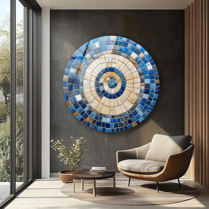39,4''(100cm) Diameter Coastal Sunburst Beige & Blue Round Glass Wall Art Tempered Glass Printing Wall Decor Large Wall Art Wall Hangings
