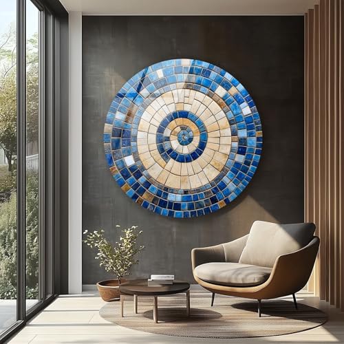 24''(60cm) Diameter Coastal Sunburst Beige & Blue Round Glass Wall Art Tempered Glass Printing Wall Decor Large Wall Art Wall Hangings