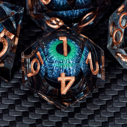 DND Dragons Eye Dice Liquid Core Blue Green Resin Sharp Edged Dice Set with Gift Box