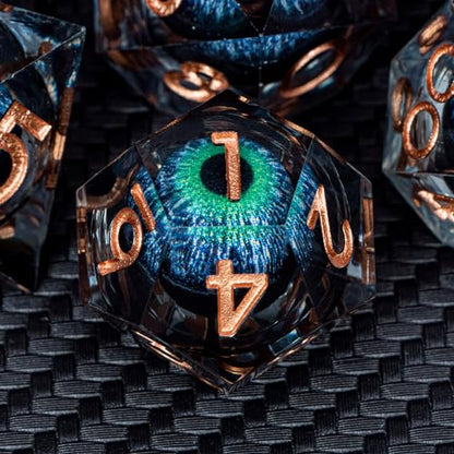 DND Dragons Eye Dice Liquid Core Blue Green Resin Sharp Edged Dice Set with Gift Box