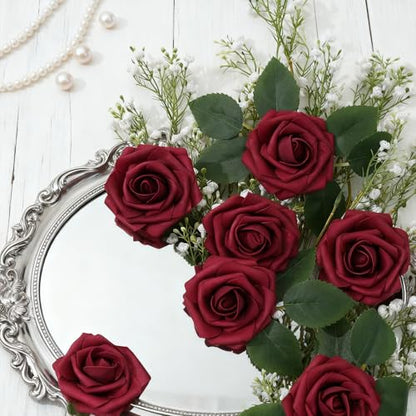 Artificial Flowers Foam Fake Roses 25pcs Red Roses with Stems for Home Decor DIY Wedding Bouquets Party Bridal Shower Centerpieces Faux Flower Arrangements Tables Decorations (25 Count)