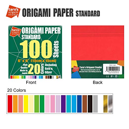 Taro's Origami Studio] Standard 6 Inch One Sided 20 Colors 100 Sheets Square Easy Fold Premium Japanese Paper for Beginner