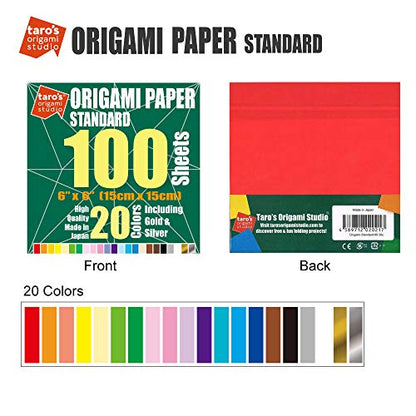 Taro's Origami Studio] Standard 6 Inch One Sided 20 Colors 100 Sheets Square Easy Fold Premium Japanese Paper for Beginner