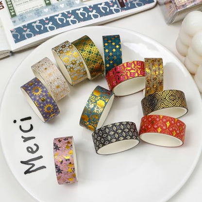 12 Rolls Charming Washi Tape Set Gold Silver Foil Detailing Arts Adhesive Tapes Basic Patterns Decorative Masking Tape Sets for Craft (12 Count)