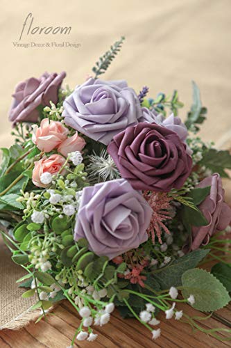 Artificial Flowers 25pcs Real Looking Plum Foam Fake Roses with Stems for DIY Wedding Bouquets Bridal Shower Centerpieces Floral Arrangements Party Home Decorations (25 Count)