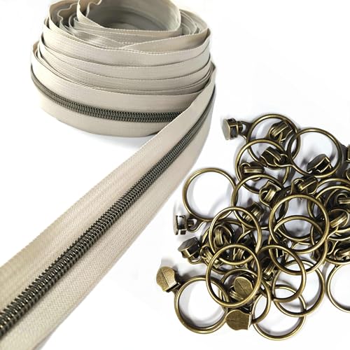 5 Antique Brass Metallic Nylon Coil Zippers by the Yard Bulk 10 Yards Beige Zipper Tape with 25pcs Antique Brass Ring Pull Sliders for DIY Sewing Tailor Craft Bag