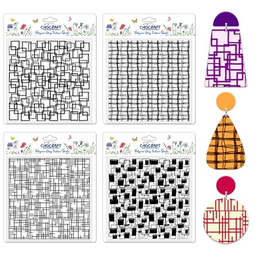 4 Pcs Graffiti Grid Polymer Clay Texture Sheets Abstract Squares Silicone Texture Stamp Seamless Pattern Modeling Pattern Pad Sheets for Jewelry and Earrings Tools