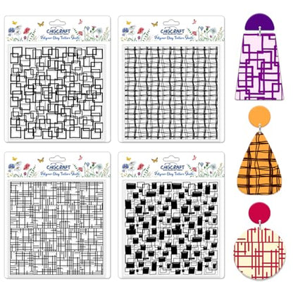 4 Pcs Graffiti Grid Polymer Clay Texture Sheets Abstract Squares Silicone Texture Stamp Seamless Pattern Modeling Pattern Pad Sheets for Jewelry and Earrings Tools