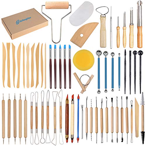 61Pcs Ceramic Clay Tools Kit Pottery Tools Clay Sculpting Shapers Carving Tool Set Contains Most Essential Wooden Clay Tools for Potters Beginners