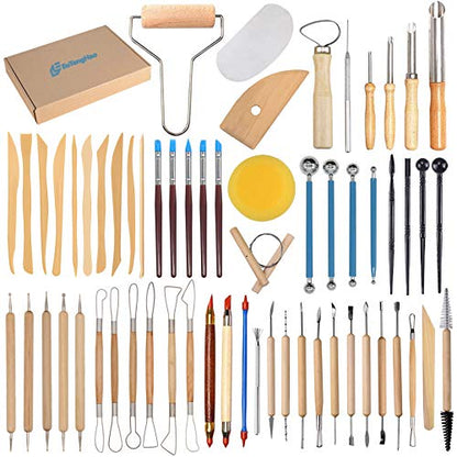 61Pcs Ceramic Clay Tools Kit Pottery Tools Clay Sculpting Shapers Carving Tool Set Contains Most Essential Wooden Clay Tools for Potters Beginners