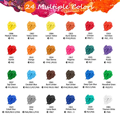 24 Colors Acrylic Paint Set Large Bottles 4oz with 12 Brushes (96 Fl Oz)