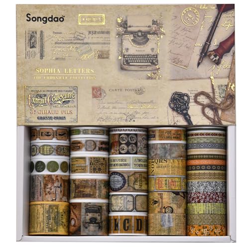 36 Rolls Vintage Washi Tape Pack Retro Arts Adhesive Tapes Wide Chronicle Decorative Masking Tape Sets for Craft (36 Count)