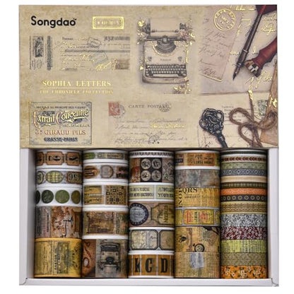 36 Rolls Vintage Washi Tape Pack Retro Arts Adhesive Tapes Wide Chronicle Decorative Masking Tape Sets for Craft (36 Count)