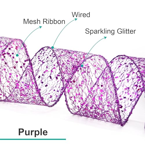 Sparkling Glitter Mesh Wired Ribbon 4" x 10 Yards Purple for Christmas Home Decor Bow Gift Wrapping DIY Crafts Wreath (30 Foot)