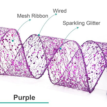 Sparkling Glitter Mesh Wired Ribbon 2.5" x 20 Yards Purple for Christmas Home Decor Bow Gift Wrapping DIY Crafts Wreath (60 Foot)